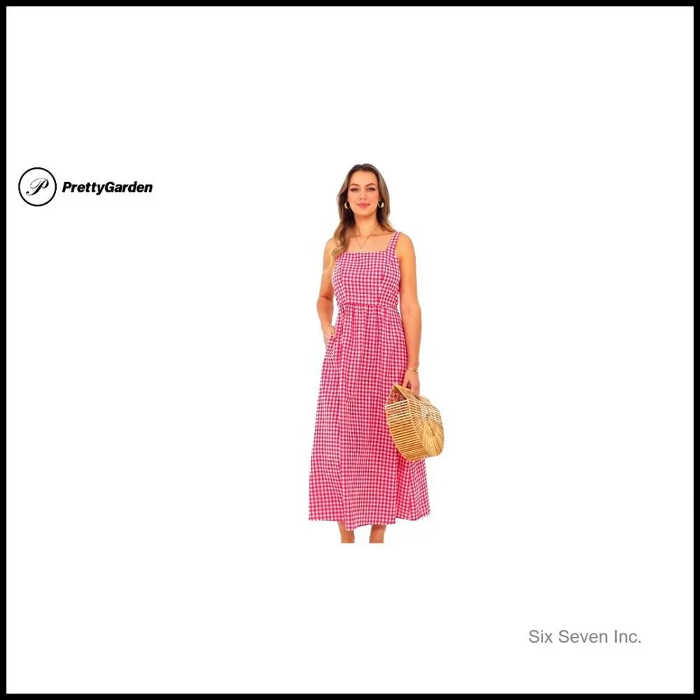 Plaid Maxi Sundress Square Neck Spaghetti Strap A-Line Smocked Back Pockets - Picture 7 of 7